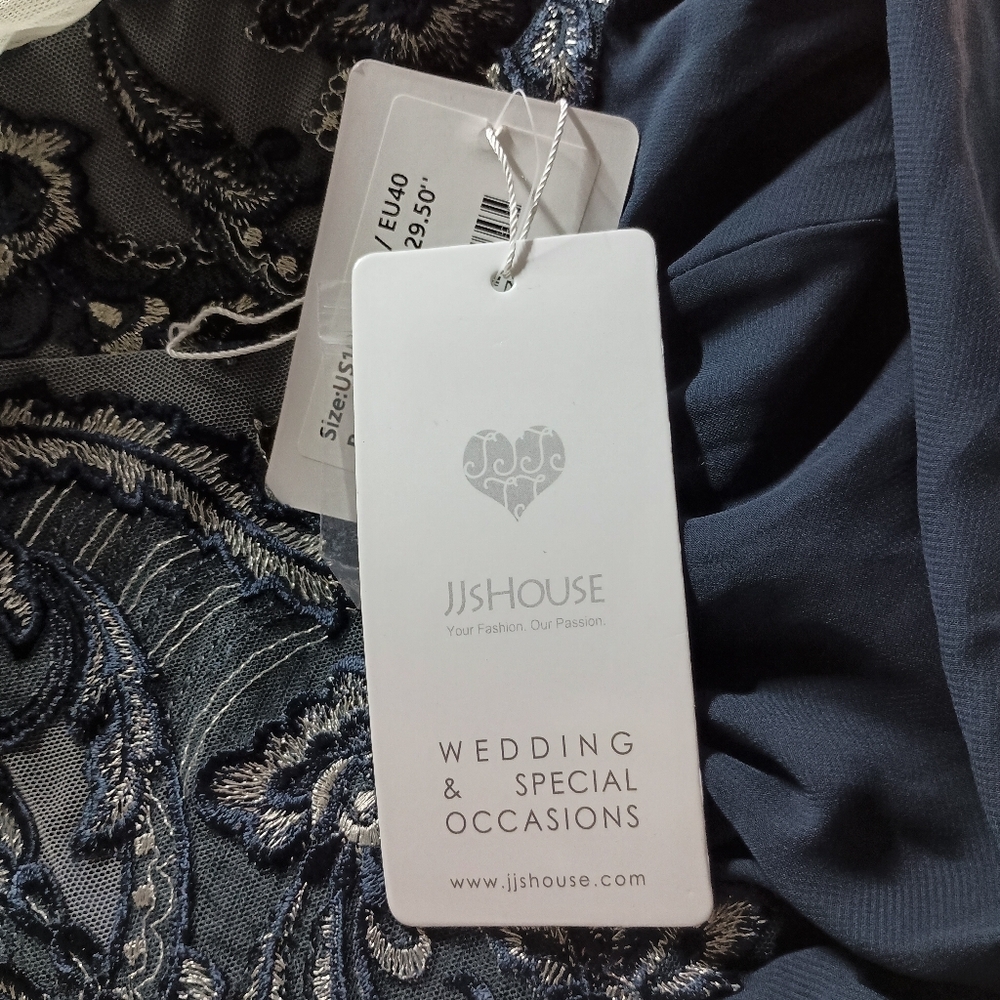 JJ’s House Dark Navy Chiffon Lace Beaded Gown – Size 10 - Picture 16 of 16